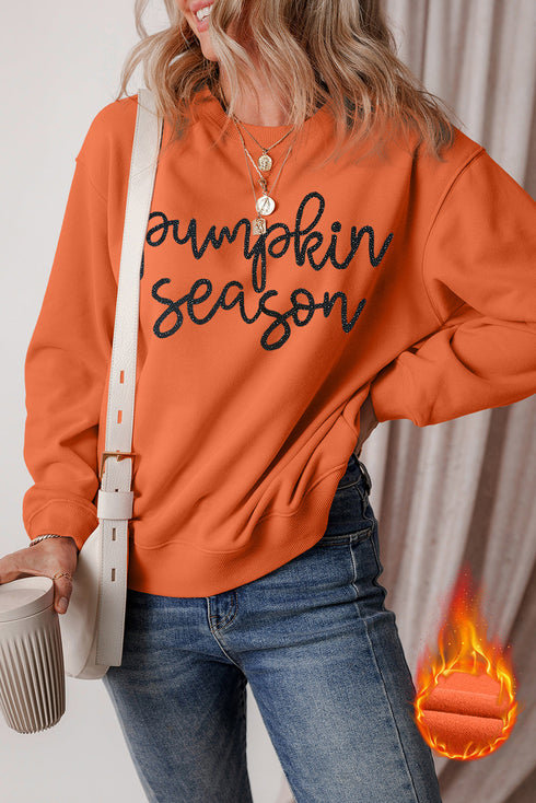 Russet Orange Glittering Pumpkin Season Graphic Drop Shoulder Pullover Sweatshirt