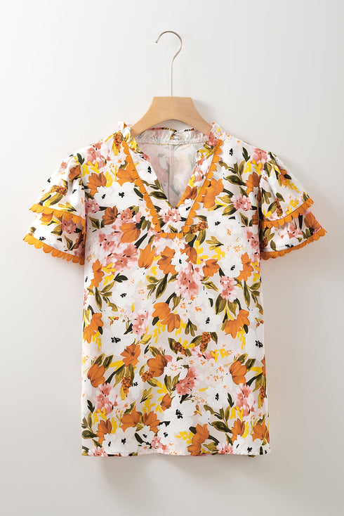 Russet Orange Ruffled V Neck Scalloped Short Sleeve Floral Blouse