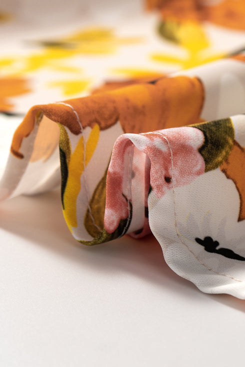 Russet Orange Ruffled V Neck Scalloped Short Sleeve Floral Blouse