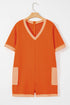 Russet Orange Two-tone Short Sleeve V Neck Patched Pocket Loose Romper