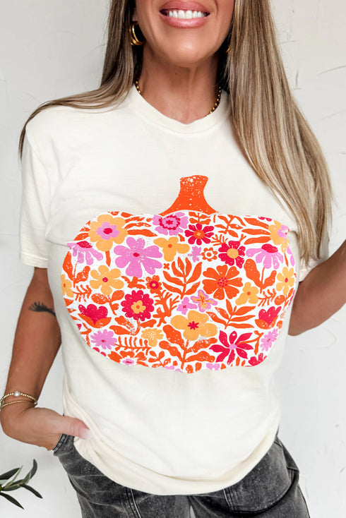 Rustic Pumpkin And Floral Graphic Short Sleeve Tee