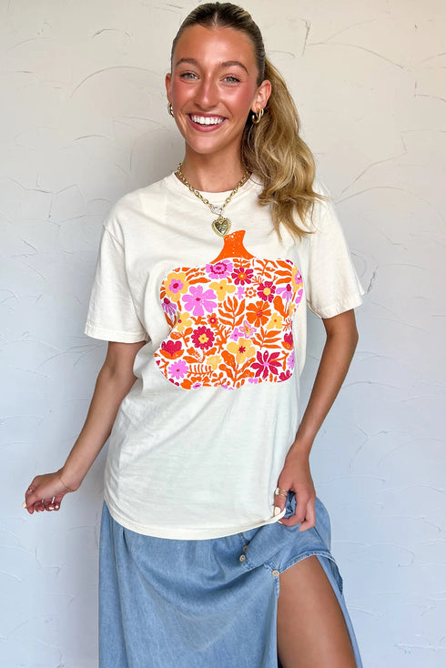 Rustic Pumpkin And Floral Graphic Short Sleeve Tee