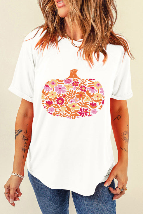 Rustic Pumpkin And Floral Graphic Short Sleeve Tee