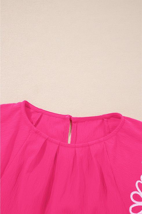 Sachet Pink Floral Embroidered Flutter Sleeve Pleated Neck Blouse