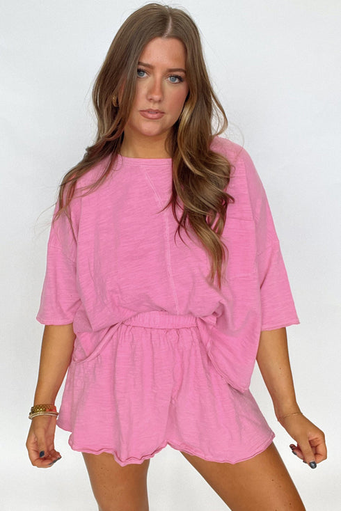 Sachet Pink Loose Fit Half Sleeve T Shirt and High Waist Skirt Set