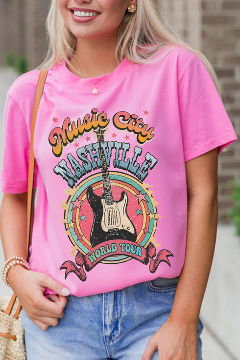 Sachet Pink Nashville World Tour Music City Guitarist Graphic Tee
