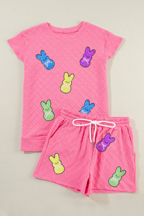 Sachet Pink Sequined Bunny Patched Graphic Geometric Textured Short Set