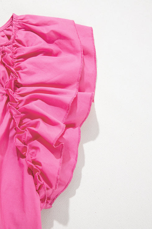 Sachet Pink Shirred Yoke Lace up V Neck Ruffled Sleeve Blouse