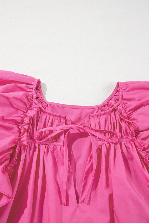 Sachet Pink Shirred Yoke Lace up V Neck Ruffled Sleeve Blouse
