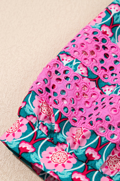 Sachet Pink V-Neck Ruffle Abstract Floral Print Puff Sleeve Top