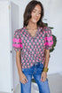 Sachet Pink V-Neck Ruffle Abstract Floral Print Puff Sleeve Top