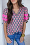 Sachet Pink V-Neck Ruffle Abstract Floral Print Puff Sleeve Top