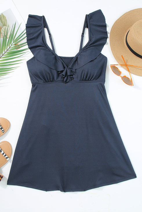 Sail Blue Textured Ruffle Trim V Neck Sleeveless One Piece Flared Swimdress