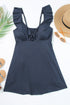 Sail Blue Textured Ruffle Trim V Neck Sleeveless One Piece Flared Swimdress