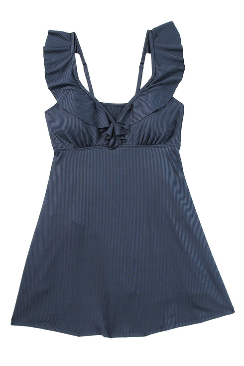 Sail Blue Textured Ruffle Trim V Neck Sleeveless One Piece Flared Swimdress