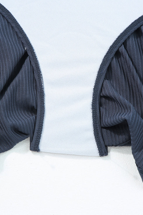 Sail Blue Textured Ruffle Trim V Neck Sleeveless One Piece Flared Swimdress