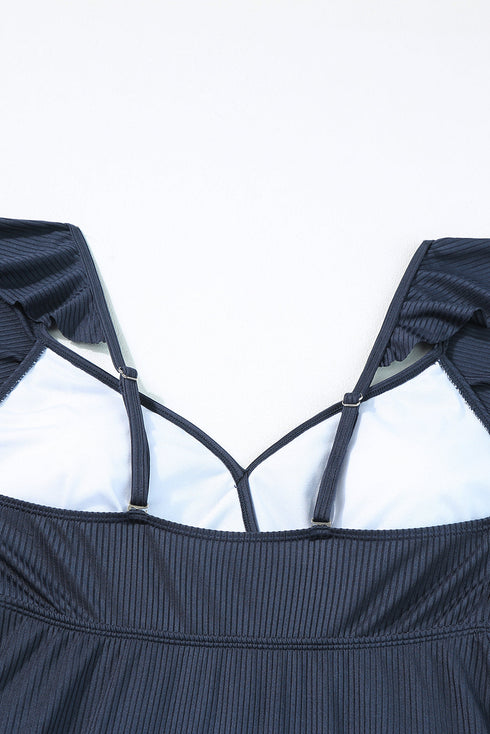 Sail Blue Textured Ruffle Trim V Neck Sleeveless One Piece Flared Swimdress