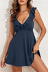 Sail Blue Textured Ruffle Trim V Neck Sleeveless One Piece Flared Swimdress