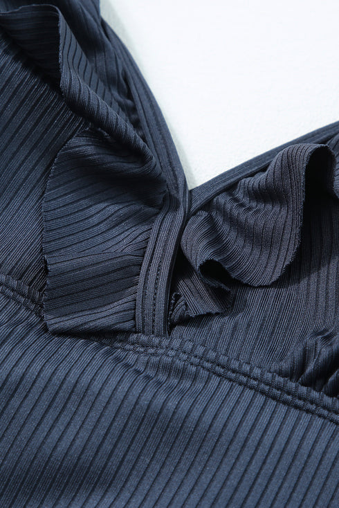 Sail Blue Textured Ruffle Trim V Neck Sleeveless One Piece Flared Swimdress