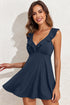 Sail Blue Textured Ruffle Trim V Neck Sleeveless One Piece Flared Swimdress