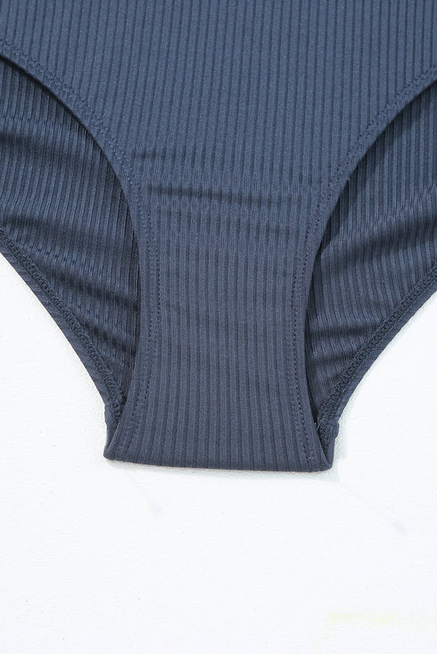 Sail Blue Textured Ruffle Trim V Neck Sleeveless One Piece Flared Swimdress