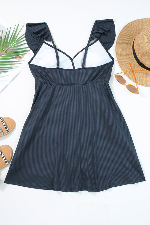 Sail Blue Textured Ruffle Trim V Neck Sleeveless One Piece Flared Swimdress