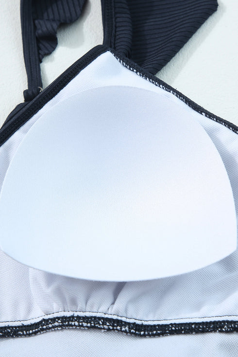 Sail Blue Textured Ruffle Trim V Neck Sleeveless One Piece Flared Swimdress