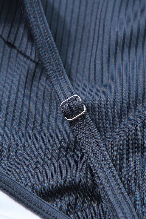 Sail Blue Textured Ruffle Trim V Neck Sleeveless One Piece Flared Swimdress