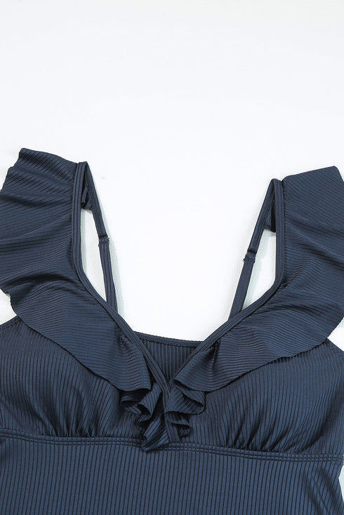 Sail Blue Textured Ruffle Trim V Neck Sleeveless One Piece Flared Swimdress