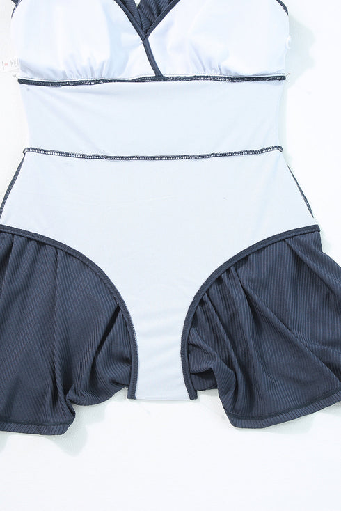 Sail Blue Textured Ruffle Trim V Neck Sleeveless One Piece Flared Swimdress