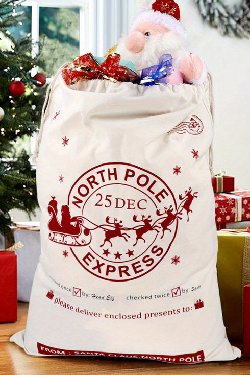 Santa And Elk Print Drawstring Holiday Gift Sack