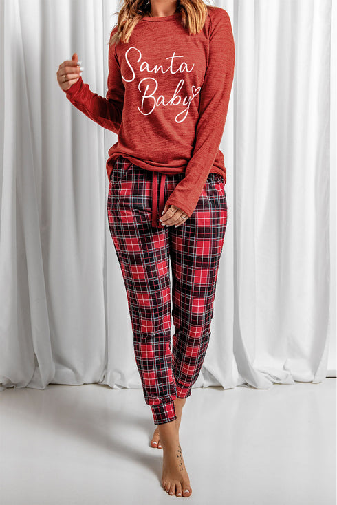 Santa Baby Graphic Top And Plaid Jogger Set