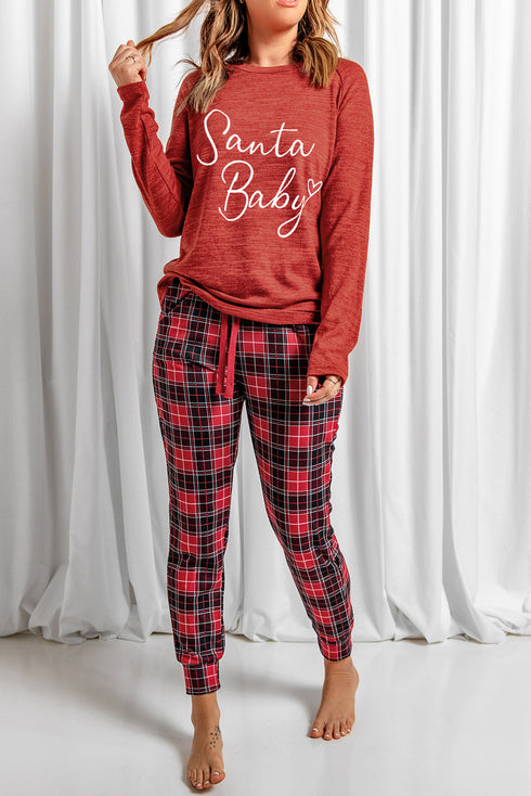 Santa Baby Graphic Top And Plaid Jogger Set