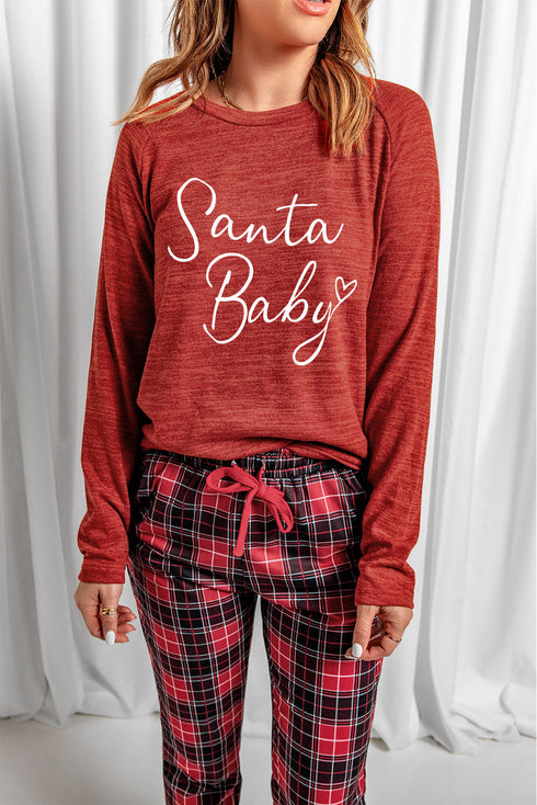 Santa Baby Graphic Top And Plaid Jogger Set