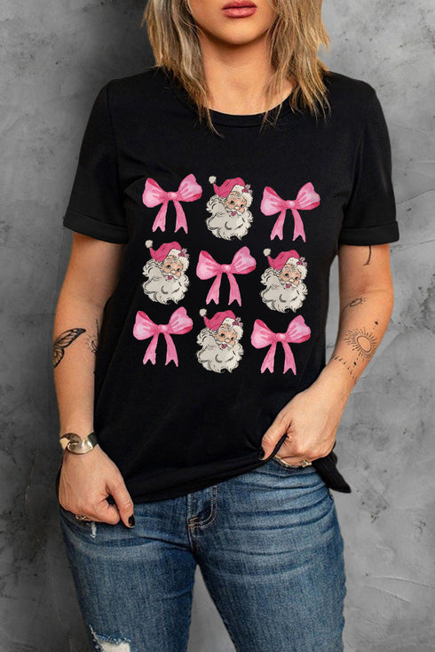 Santa Bow Graphic Print Short Sleeve Soft Tee