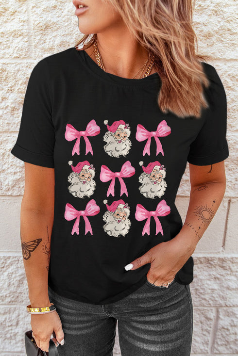 Santa Bow Graphic Print Short Sleeve Soft Tee