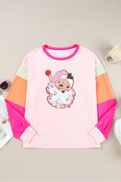 Santa Claus Graphic Patchwork Long Sleeve Holiday Tee