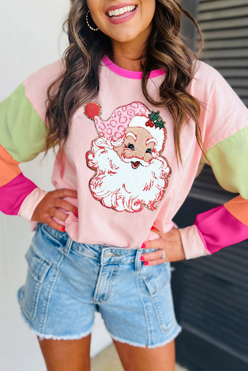 Santa Claus Graphic Patchwork Long Sleeve Holiday Tee