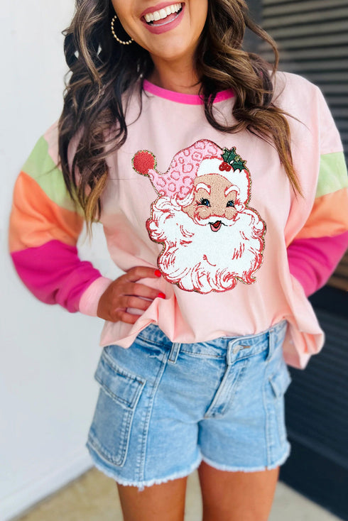 Santa Claus Graphic Patchwork Long Sleeve Holiday Tee
