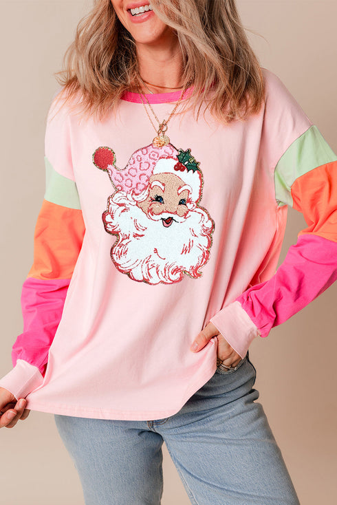 Santa Claus Graphic Patchwork Long Sleeve Holiday Tee