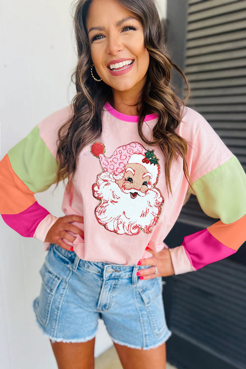 Santa Claus Graphic Patchwork Long Sleeve Holiday Tee
