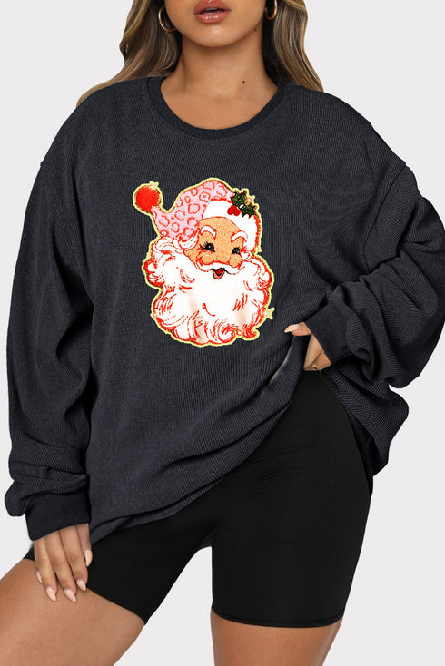 Santa Claus Patched Textured Corduroy Graphic Sweatshirt