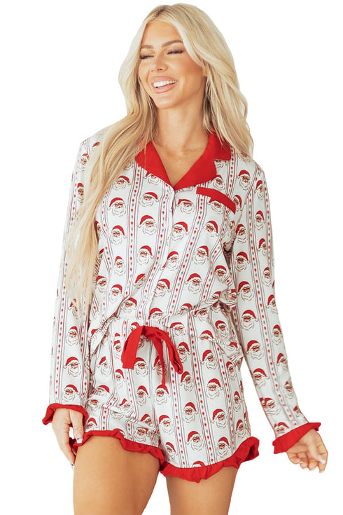 Santa Graphic And Stripe Print Ruffled Pajama Set
