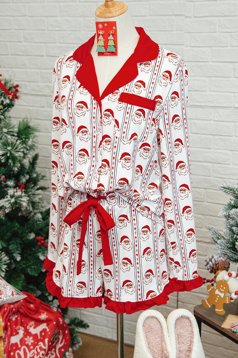 Santa Graphic And Stripe Print Ruffled Pajama Set