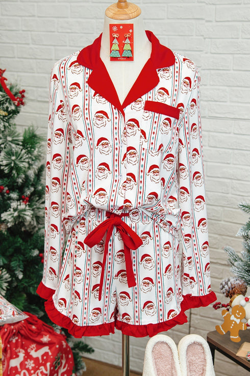 Santa Graphic And Stripe Print Ruffled Pajama Set