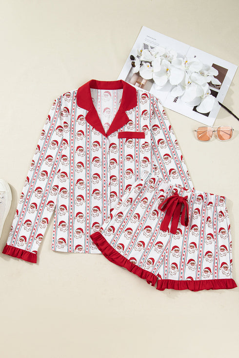 Santa Graphic And Stripe Print Ruffled Pajama Set