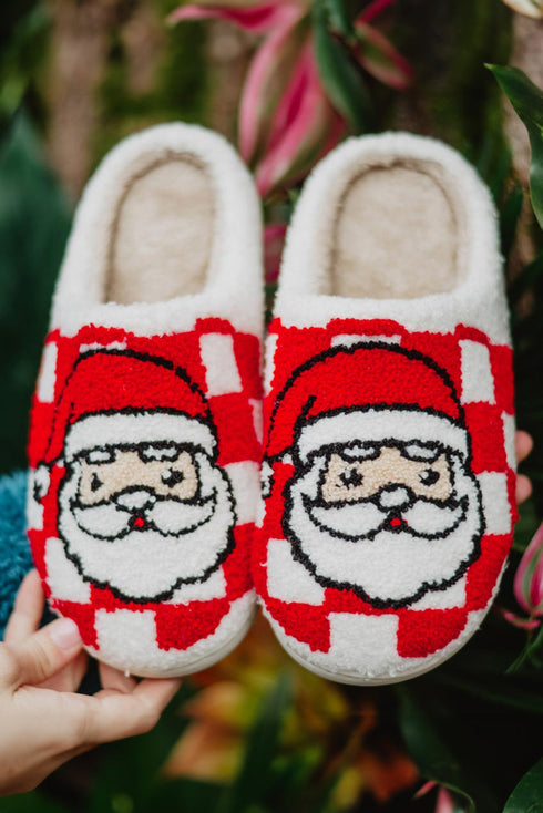 Santa Graphic Checkered Print Plush Holiday Home Slippers