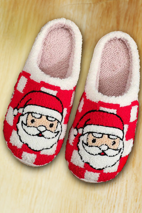 Santa Graphic Checkered Print Plush Holiday Home Slippers