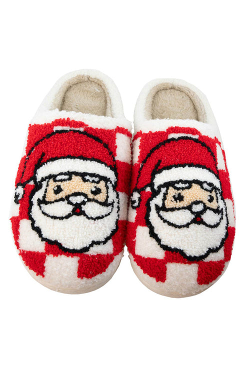Santa Graphic Checkered Print Plush Holiday Home Slippers