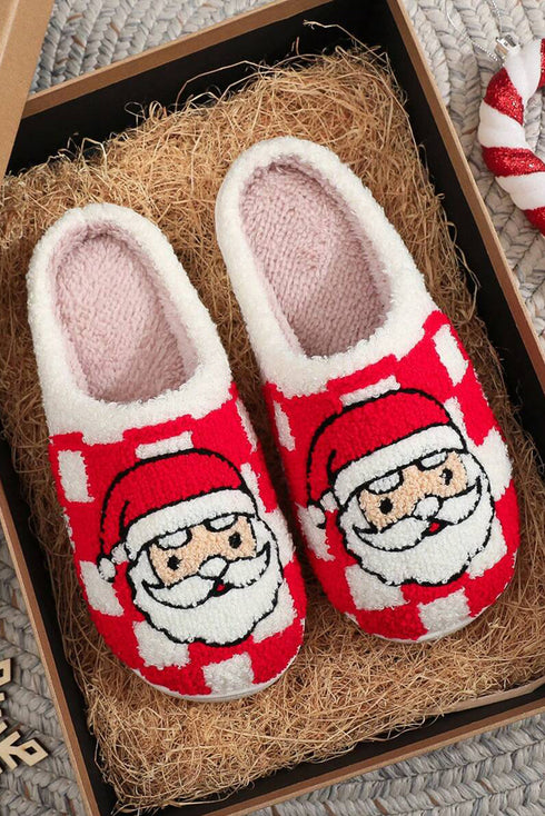 Santa Graphic Checkered Print Plush Holiday Home Slippers